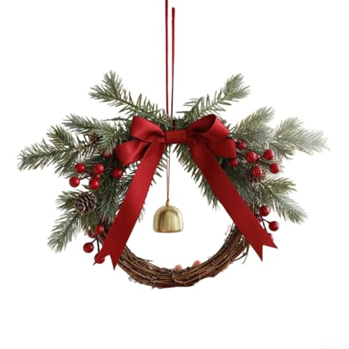 Corona de Navidad, base de ratán, campanas festivas, piñas de pino, bayas, lazo rojo, decoración para interiores y exteriores, 35 cm, color rojo y verde, fácil de colgar, decoración navideña (A)