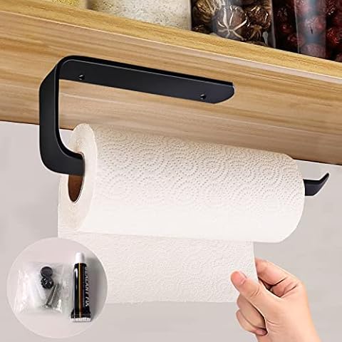 Kitchen Towel Holders, 1 PCS Kitchen Roll Holder Under Cupboard for Kitchen & Bathroom Self Adhesive Kitchen Paper Towel Holder - Black Cover