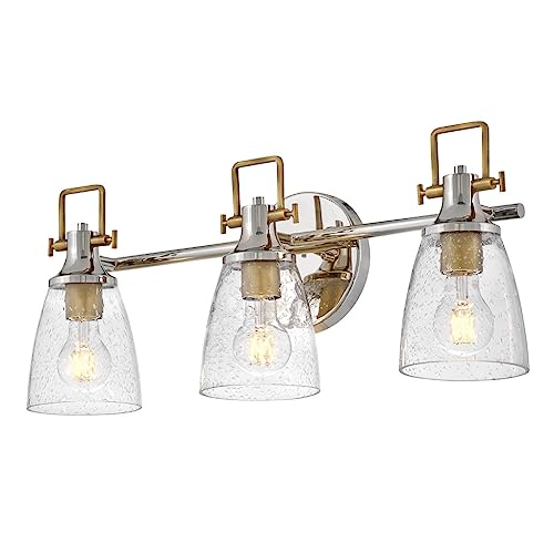 Image of Hinkley Easton Three Light Bath Vanity Fixture, Modern Industrial, Clear Seedy Glass Shade, Mounts Up or Down, Polished Nickel and Heritage Brass