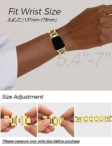 Image of JR.DM Gold Watch Bands for Women Compatible with Apple Watch 46mm 42mm(S3 /2 /1) 44mm 45mm 49mm Adjustable Metal Cowboy Single Chain Bracelet for iWatch Series 11 /10 /9 /8 /7 /6 /5 /4 SE 3 /2 /1 Ultra (No Case)