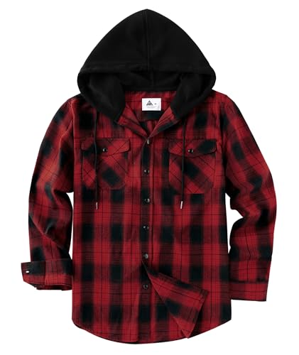 Image of Hooded Flannel Shirts for Men Plaid Long Sleeve Flannel Jacket Hoodies | Button-Down, Lightweight Coat, Classic Plaid Shirts with Hood, Flannel Hoodies with Pocket