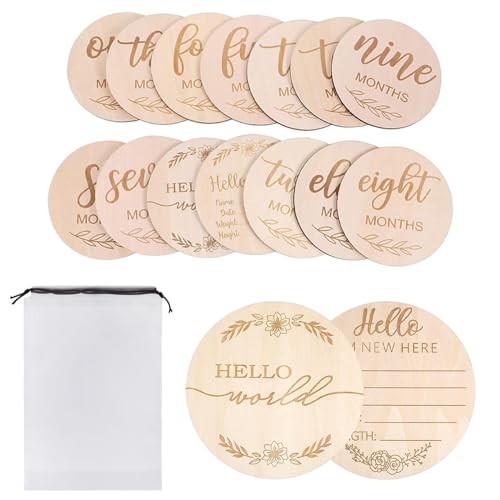 14 Piezas Madera Cartel de Anuncio de Bebé Set con Milestone Cards y Bolsa, 6 Inch Hello World Tarjetas de Bebe para Accesorios Fotográficos Baby Shower Hospital Guardería, Regalo per Recién Nacidos