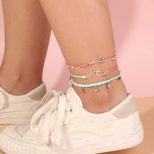 Image of Waterproof String Anklets Cute Beaded Ankle Bracelets Beach Wave Anklet Stainless Steel Coin Boho Ankle Jewelry for Women