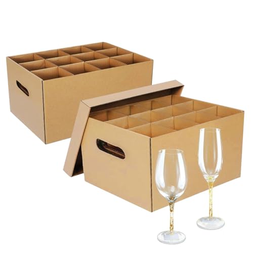 oyhqes 2 Pack Wine Glass & Dish Moving Boxes with Handles & Lids, Glass Packing Boxes, Kitchen Storage Kit for Glassware & Dishware (Brown, 15 x 12 x 10 Inches)