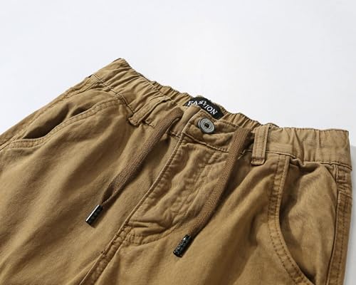 Kids Boys Cargo Pants with Pockets, Drawstring Waist, Elastic Leg Opening, Earthy Yellow, Army Green, 6-143