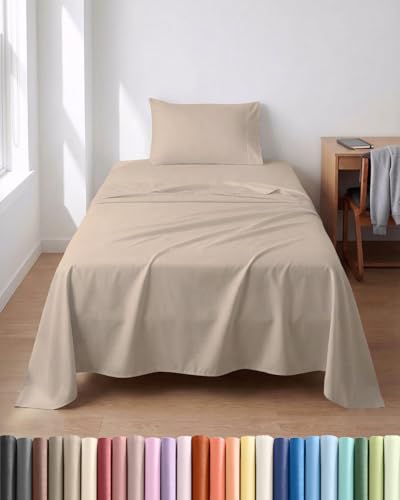 Image of Lightweight 3 Piece Bed Sheet Set Twin Size - Cooling Sheets for Hot Sleepers - Soft Breathable Bedding Set w / 8-16 Inch Deep Pockets - 1 Flat & 1 Fitted and 1 Pillowcase - Wrinkle Resistant - Wheat
