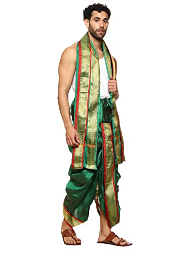 Image of Rameshwaram Fabrics Readymade Dhoti for Men, Velcro Style Stitched Mens Silk Dhoti Pant with Stole Set