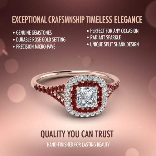Image of Choose Your Gemstone Delicate Double Halo Diamond CZ Ring Rose Gold Plated Princess Shape Halo Engagement Rings Matching Jewelry Wedding Jewelry Easy to Wear Gifts US Size 4 to 12