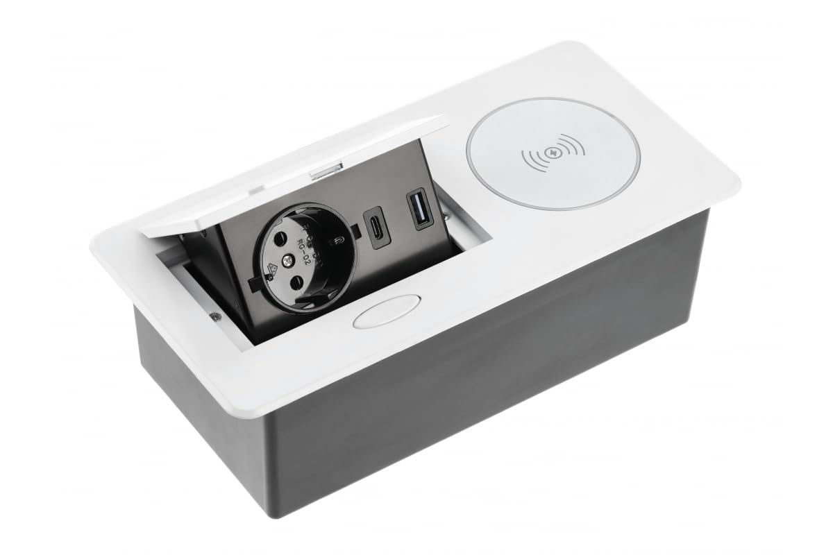 GTV Gniazdo meblowe AVARO Plus, ładowarka indukcyjna 5 W, USB-A i USB-C, kompaktowe rozmiary, kolory: biały, czarny, aluminium, idealne do domowego biura i pomieszczeń komercyjnych