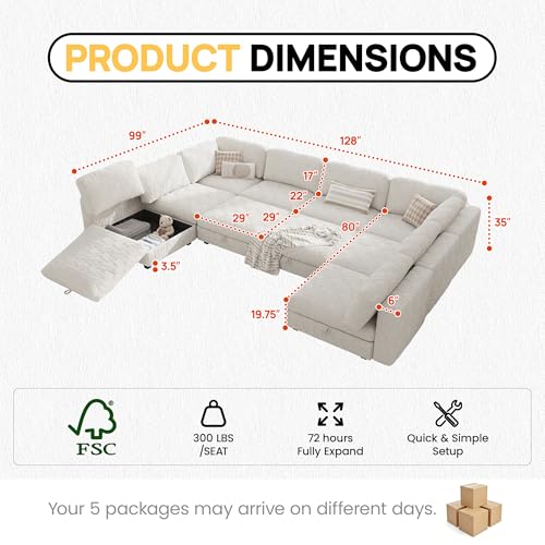 Image of 157 inch Modular Sectional Chenille Sofa bed with Hidden Storage, Comfy Modern 10 Seater Oversized Deep Seat Couch, Modular Sectional with Ottoman and Removable Cover for Living Room, Apartment, Beige