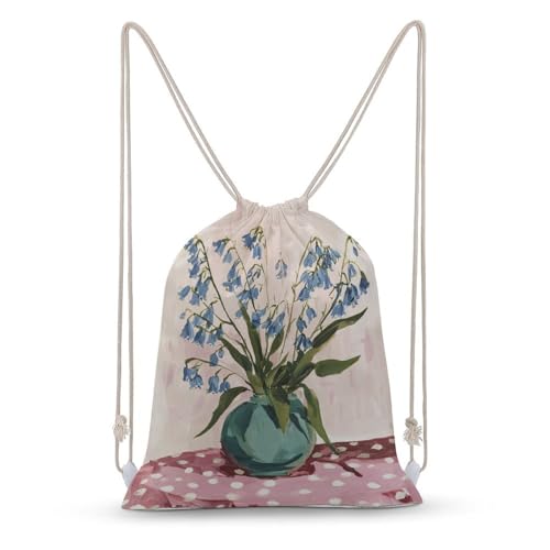 Bluebells in Round Teal Vase Drawstring Backpack Canvas String Bag Lightweight Sports Gym Bag for Men Women