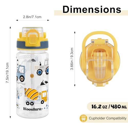 wooshwa Trinkflasche Kinder mit Strohhalm 480ml Auslaufsicher Sport Trinkflaschen Schule Wasserflasche Jungen Mädchen zum Wandern & Fitnessstudio mit Tragegriff BPA-frei - Bagger