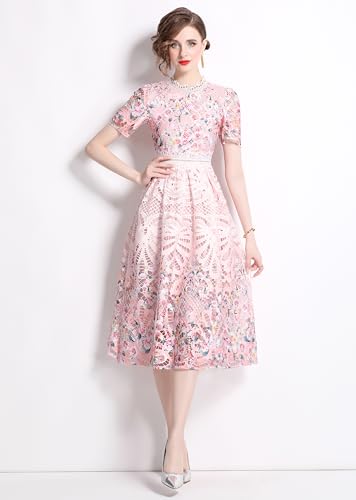 Image of LAI MENG FIVE CATS Women's Lace Floral Short Sleeve Crochet Waist Cocktail Midi Dress