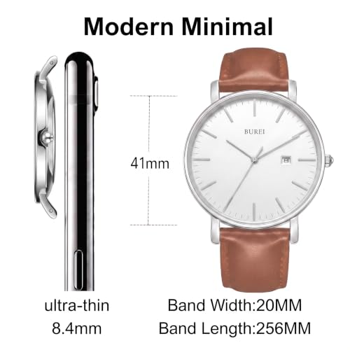 Image of BUREI Men's Fashion Minimalist Wrist Watch Analog Date with Leather Strap