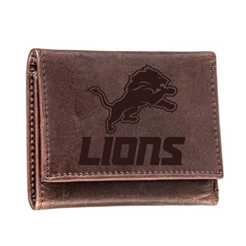 Team Sports America NFL Detroit Lions Brown Wallet | Tri-Fold | Officially Licensed Stamped Logo | Made of Leather | Money and Card Organizer | Gift Box Included