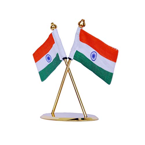 Image of ZAHEPA Flag for Car Dashboard, Khadi Fabric decorative Flag with Gold Plated Metal Cross Base, Office Desk Accessory, Tabletop Decoration for Home, Office & Corporate Use, Gift for Professionals