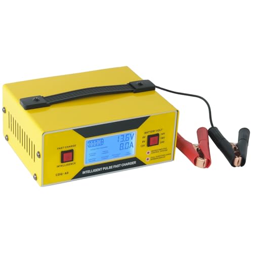 6/8/12/14/16/24V Battery Charger Automotive 0-10A, Smart Car Golf Cart Battery Charger, Maintainer and Automatic Charger with Cable Clamps, Suitable for Lead-Acid Batteries (Yellow with Handle)