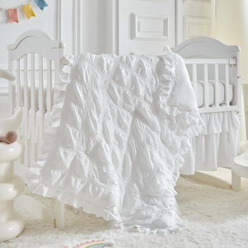 Image of Ruffled Mini Crib Bedding Set Baby Boho Quilted Comforter with Fitted Sheet and Bed Skirt - Cute Soft Breathable Seersucker Shabby Bedding Soft Blanket Only for Mini Crib White