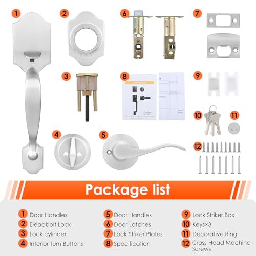 Image of Haidms Brushed Nickel Front Door Handle and Deadbolt Set, Front Door Lock Set, Entry Door Locksets with Deadbolt Single Cylinder, Exterior Door Handle with Reversible Handle Lever
