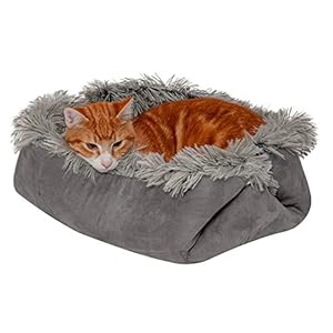 Furhaven Small Cat Bed Self-Warming Long Faux Fur & Suede Convertible Cuddler, Washable – Gray, Small