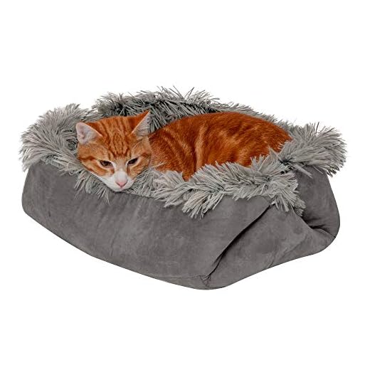Furhaven Self-Warming Cat Bed for Indoor Cats, 4-Beds-in-1 & Washable - Plush Long Faux Fur Convertible Cuddler - Gray, Small