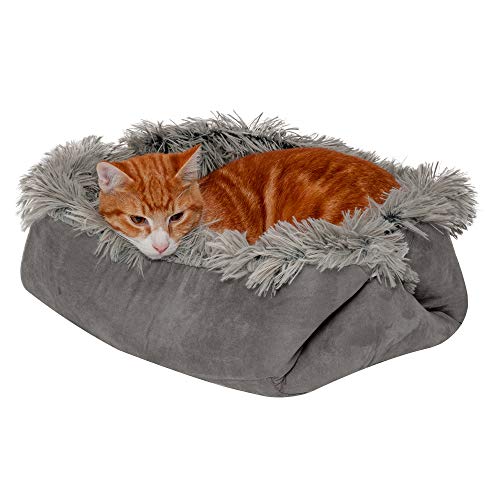 Furhaven Small Cat Bed Self-Warming Long Faux Fur & Suede Convertible Cuddler, Washable - Gray, Small by Furhaven - Used condition - CA$21.34