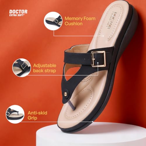 Image of DOCTOR EXTRA SOFT Women's Flat Comfortable Memory Foam Slippers /Flip-Flops Fashion Stylish Casual Diabetic Orthopedic Lightweight Synthetic Slip-on Sandals with Adjustable Strap for Girls /LadiesD-623