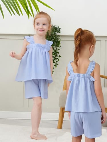 XUANHAO Toddler Baby Girl Clothes Summer Outfits Sleeveless Ruffled Linen Shirts Tank Tops Shorts Kids Girls Clothing Sets2