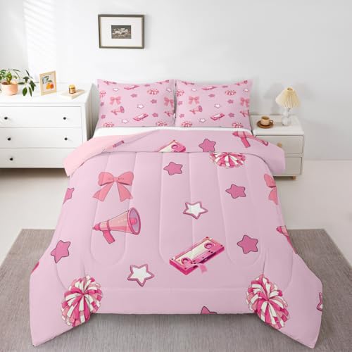Image of Feelyou Cheer Comforter Set Full Size Cheerleader Bedding Set for Kids Boys Girls Pink Bow Duvet Quilt Bowknot Bedroom Decor Microfiber 3 Pcs with 2 Pillow Cases
