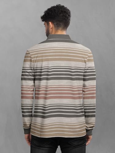Image of BULLMER Striped Textured Printed Polo Neck Fullsleeve T-Shirt with Rib for Men