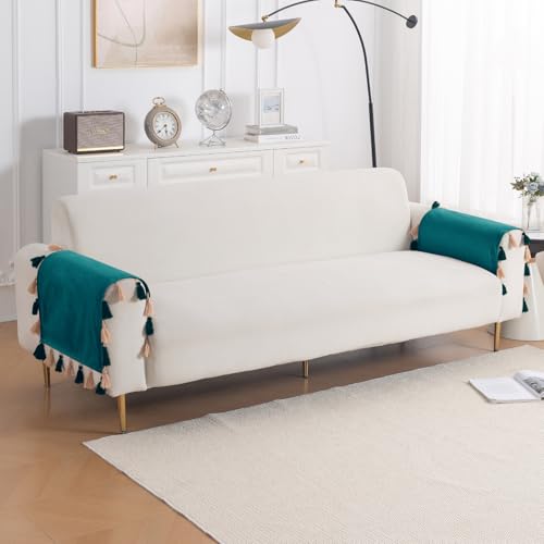 Image of HOKIPO Premium Holland Velvet Armrest Covers with Tassel for Sofa - 'TasselTone Series' (2 Pcs), Teal (IN-1102-TL*2SM)