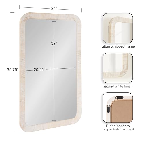 Kate and Laurel Rahfy Boho Rectangle Rattan Mirror; 24 x 36; White; Decorative Rounded Rectangular Wall Mirror with Authentic Rattan Frame for Vanity Bathroom Mirror - Image 4