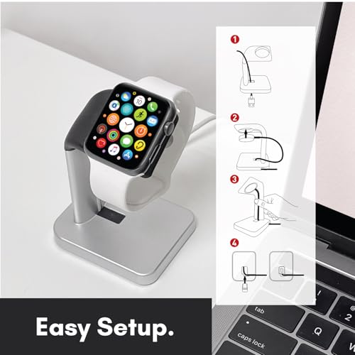 Macally Apple Watch Stand for Series Ultra 10 9 8 7 6 5 4 3 2 1 SE (49mm 45mm 44mm 42mm 41mm 40mm 38mm) - Apple Watch Charger Stand Dock Holder - Sleek Desk iWatch Charging Station - Silver