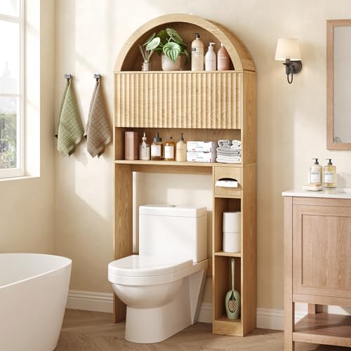 Image of 31 inch W Arched Over The Toilet Storage Cabinet, Fluted Doors, Natural