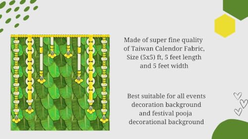 Image of Banana Leaves Backdrop Cloth for Decorations Pooja | Green Arati Aaku Layered & White Jasmine Garland Festive Screen Decoration | varalakshmi Pooja Decorations 5x5 feet