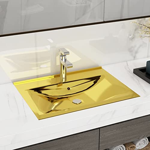 Lavabo da Incasso con Troppopieno, Ceramica Dorata per Bagno Moderno, Design Rettangolare con Foro Rubinetto, 60 x 46 x 16 cm