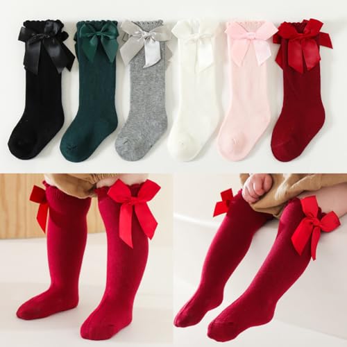 3 Pairs Baby Knee High Socks Cute Toddler Socks Newborn Ruffle Socks Infants Long Socks Kids Dress Socks with Bowknot for 0-1 Year Girls Boys Red Green White2