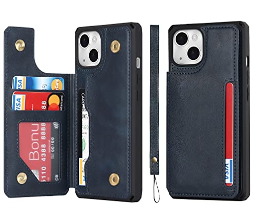 iCoverCase Compatible with iPhone 14 Plus Wallet Case with Card Slots Holder and Wrist Strap PU Leather Kickstand Double Magnetic Clasp Shockproof Cover Case 6.7 Inch (Blue)