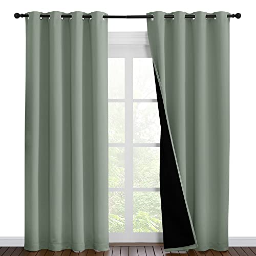 Image of NICETOWN 100% Blackout Window Curtain Panels, Cold and Full Light Blocking Drapes with Black Liner for Nursery, 86 inches Drop Thermal Insulated Draperies (Greyish Green, 2 Pieces, 55 inch Wide per Panel)