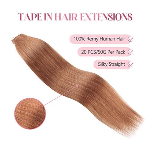 Image of Sixstarhair Medium Auburn Tape in Hair Extensions Remy Human Hair Tape in Hair Extensions with Double Sided Tape for women [Color 30 Medium Auburn 18inch]