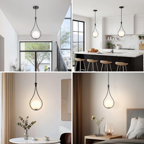 Image of Black Pendant Lights Kitchen Island with Milky White Globe Glass, 2 Pack | Mid Century Adjustable Hanging Pendant Light Fixtures