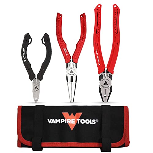 VAMPLIERS 3-Piece Screw Extractor Pliers Gift Set. 8' Linesman Pliers, 7.5' Long Nose & 5' Mini ESD Safe Grip Pliers + Tool Pouch. Made in Japan. High Carbon Steel Stripped Screw Removal Tools