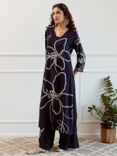 Image of INDO ERA Women Viscose Rayon Floral Embroidered Straight Kurta & Pant Set (IEOUT6941)