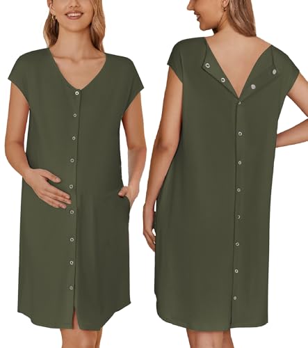 Image of Ekouaer Labor/Delivery/Hospital Gown Nursing Nightgown Maternity Sleepwear With Pockets Postpartum Gowns with Button S-XXL