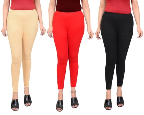 Image of Women Ankle Length Leggings Combo Multicolour Stretchable Cotton Yoga Gym Workout Pants Lyra Jeggings Casual Slim Fit