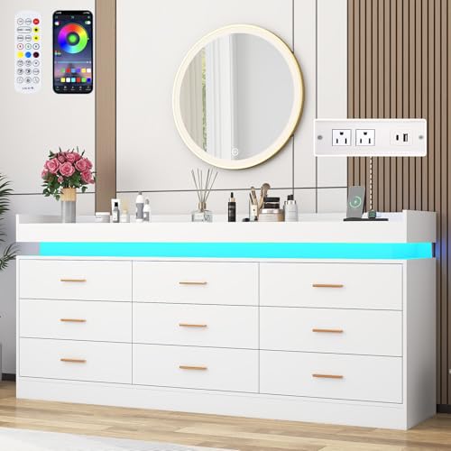 Image of Hlivelood 9 Drawer Dresser with LED Light and Charging Station, 63 inch Modern Chest of Drawers for Closet, Wide Drawer Organizer Cabinet for Bedroom, Living Room, Entryway, Hallway, White