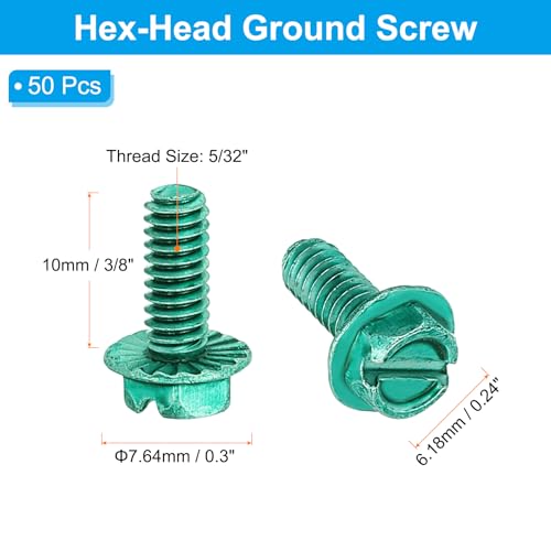 Image of PATIKIL 5 /32 x 3 /8 Inch Thread Ground Screws, 50 Pack Green Electrical Grounding Screw Slotted Hex Head Flanged for Home Electrical Lamp