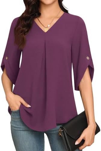 Lionshy Womens Summer Short Sleeve Chiffon Blouse Shirt Tops Casual V Neck Loose Tunic Top for Legging Flowy Blouse