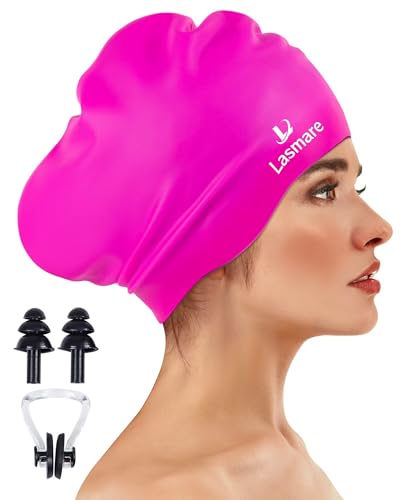 Large Long Hair Swim Cap with Extra Room for Women Men, Silicone Swimming Cap for Long Thick Hair with Ear Plugs Nose Clip Set, Adult Waterproof Swim Hats Bathing Caps to Keep Hair Dry(Rose Red)