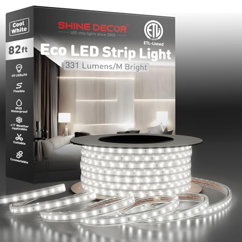 Image of Shine Decor LED Strip Light Easy Connectable, 6000K Cool White Cold Resist Weatherproof Plug-in for Indoor Outdoor, 101 LM /FT Dimmable Bright Eco Rope Lighting 82FT, 120V Whole Set ETL Listed